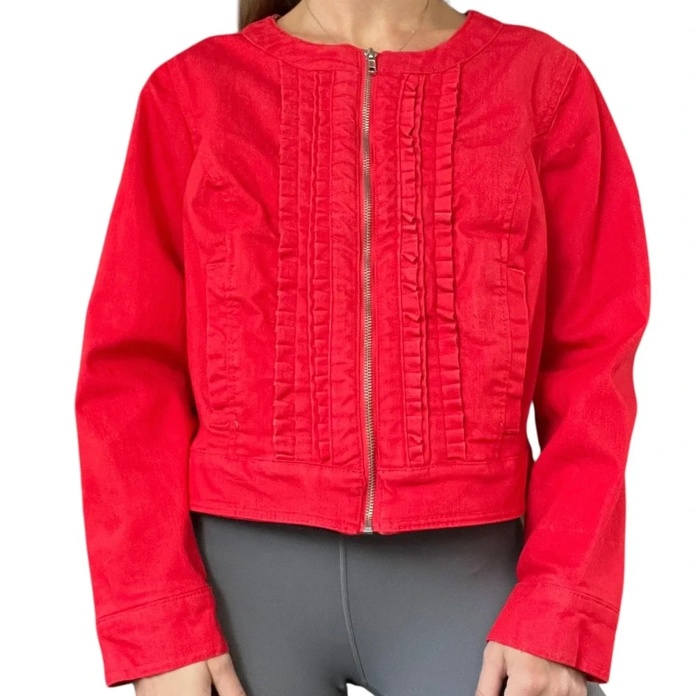 Jessica London Women 14 Red Denim Cotton Blend Full Zip Ruffle Front Jean Jacket